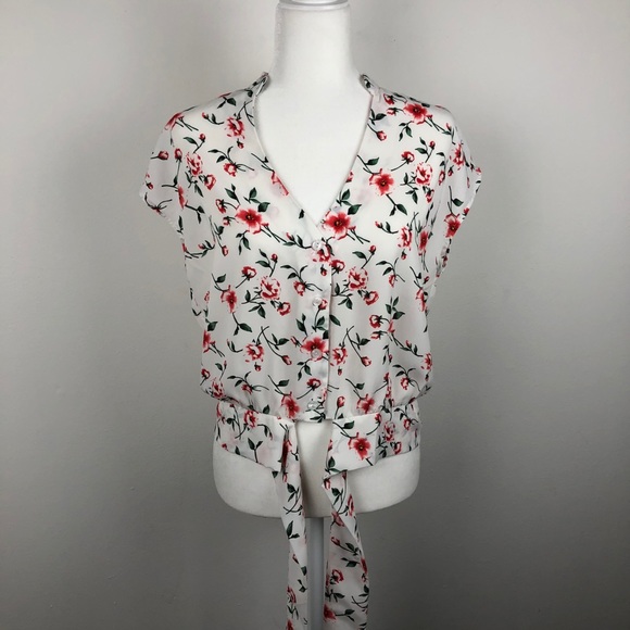 Triple Seven Button Up Front Tie Floral Blouse Large Cap Sleeves - Picture 11 of 14